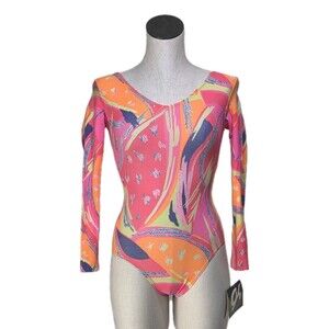 GK Elite VTG 90s Abstract Neon Pink LS Cotton Leotard Bodysuit Size AXS Adult XS